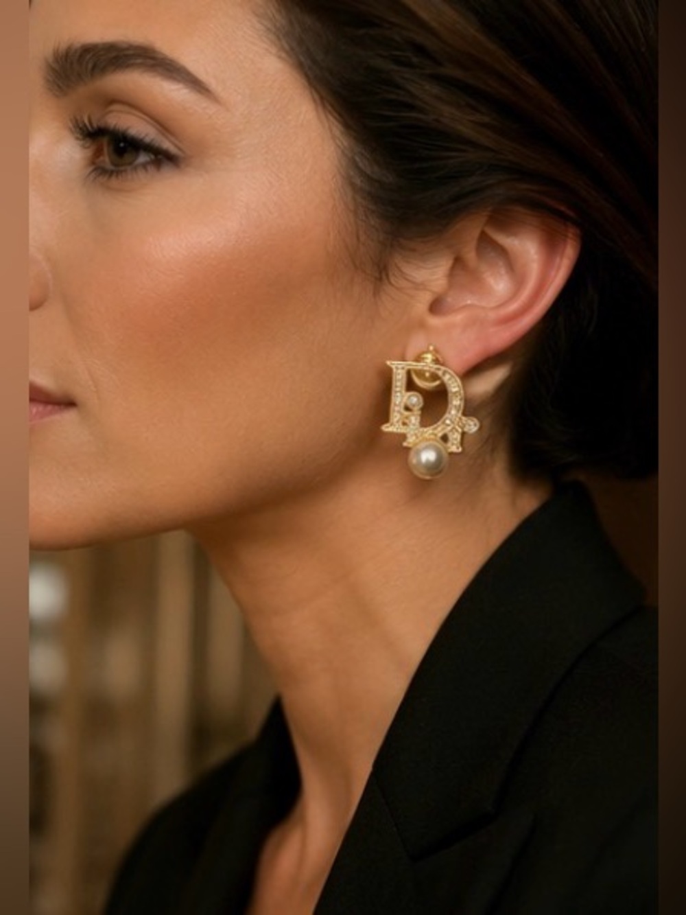 Christian Dior Gold D Pearl Crystal Statement Earrings Signed Dior